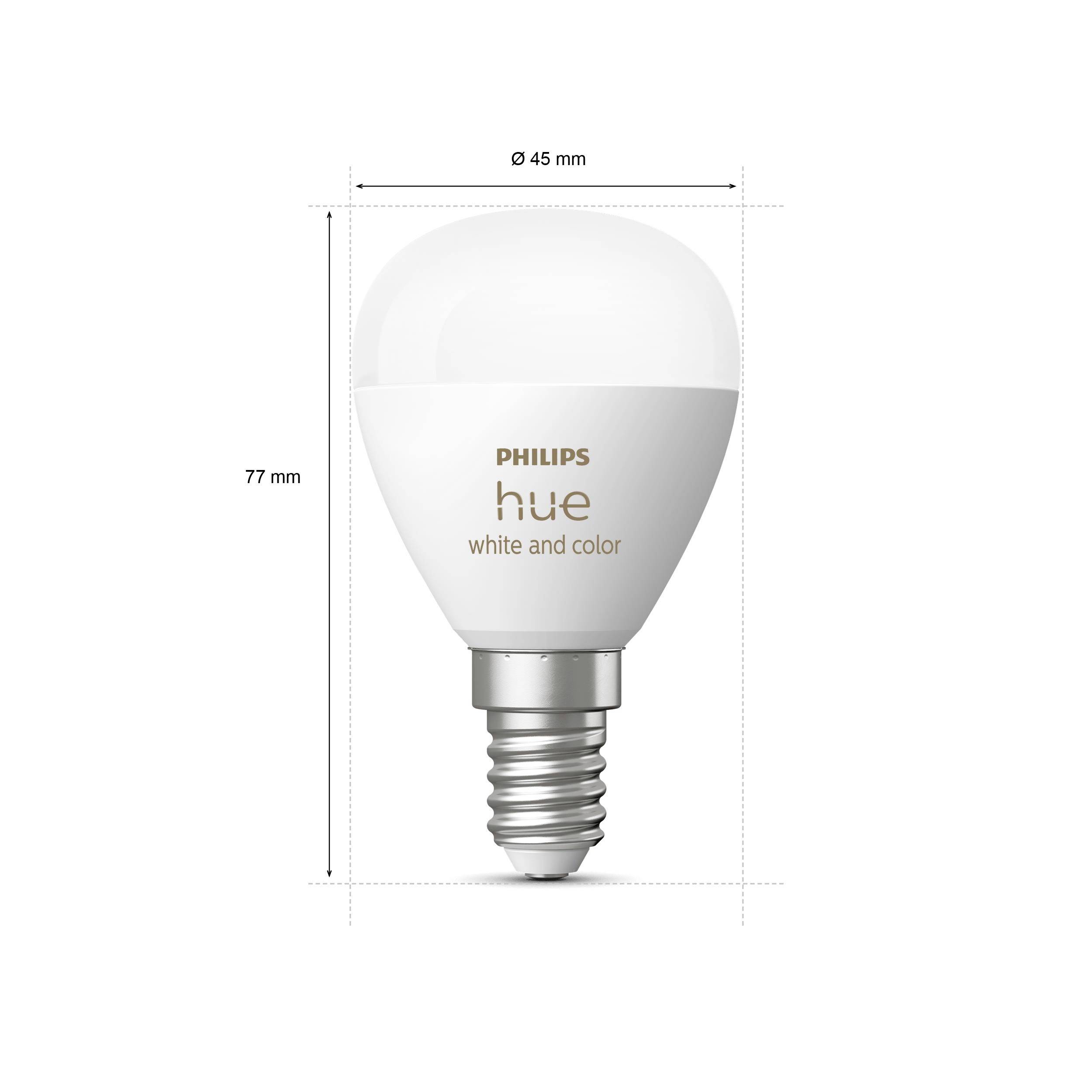 Philips Hue LED-lamp, model White and Color, hoogte 77 mm, diameter 45 mm, E14-fitting, geschikt voor slimme verlichting.