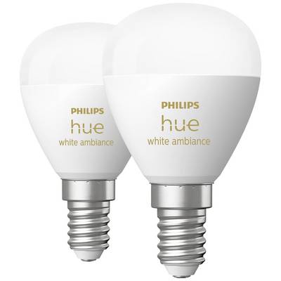 Twee witte Philips Hue White Ambiance LED-lampen met E14-fitting. Geschikt voor aanpasbare wittinten en slimme lichtbediening.