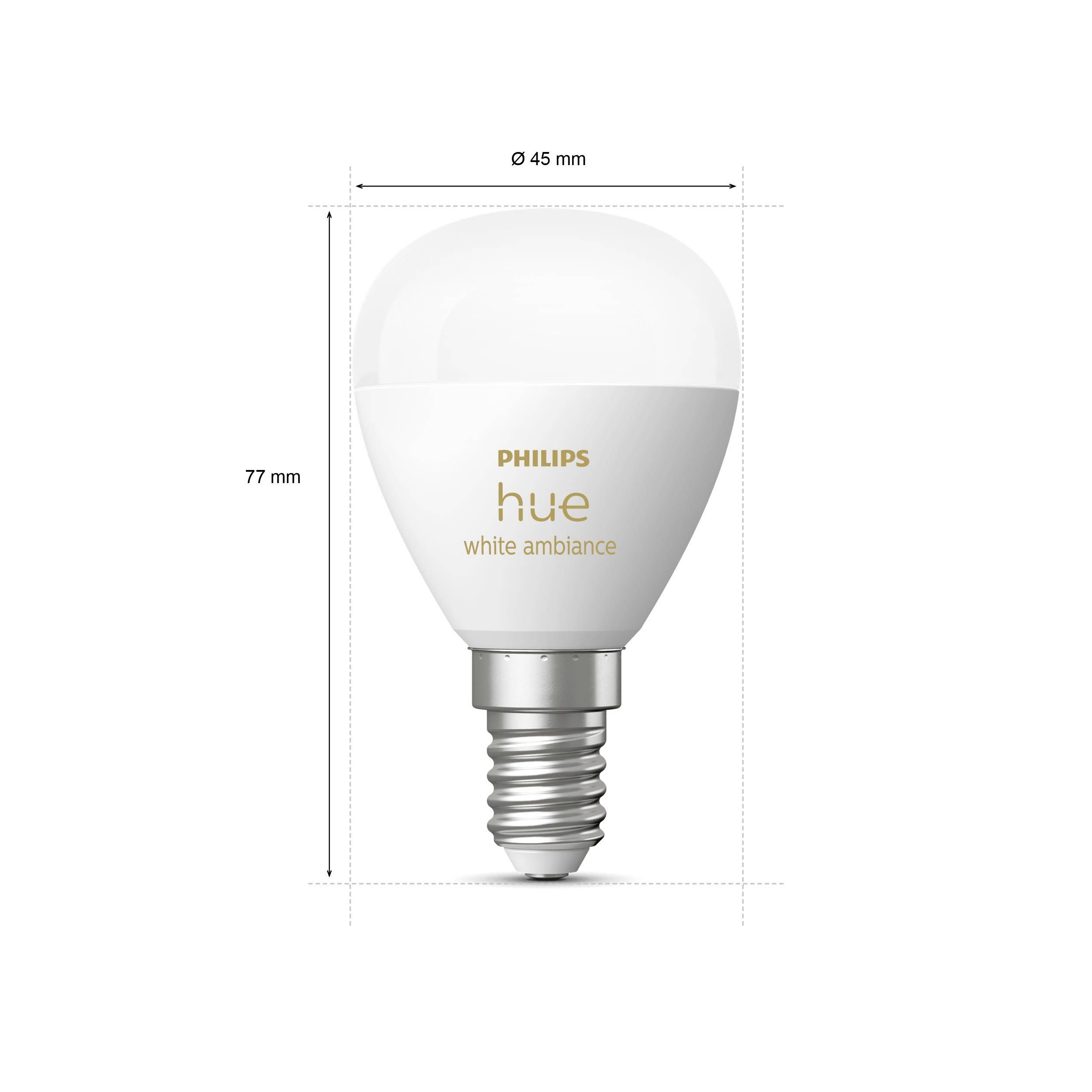 Een Philips Hue White Ambiance lamp. Hoogte 77 mm, diameter 45 mm. Getoond met E14-schroeffitting.