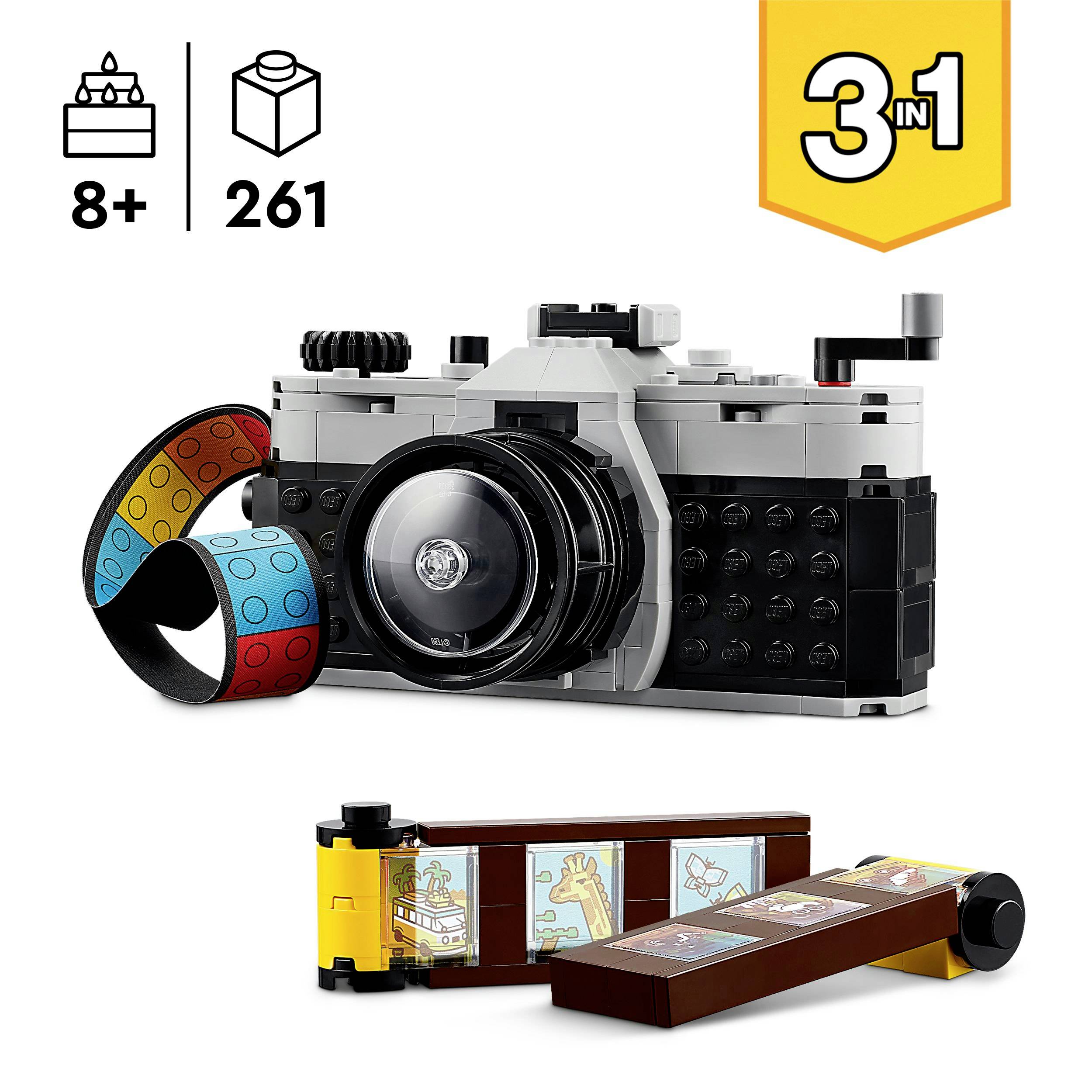 Lego-set voor kinderen vanaf 8 jaar. Creatieve set met 261 onderdelen om een camera en andere modellen te bouwen. 3-in-1-ontwerp.