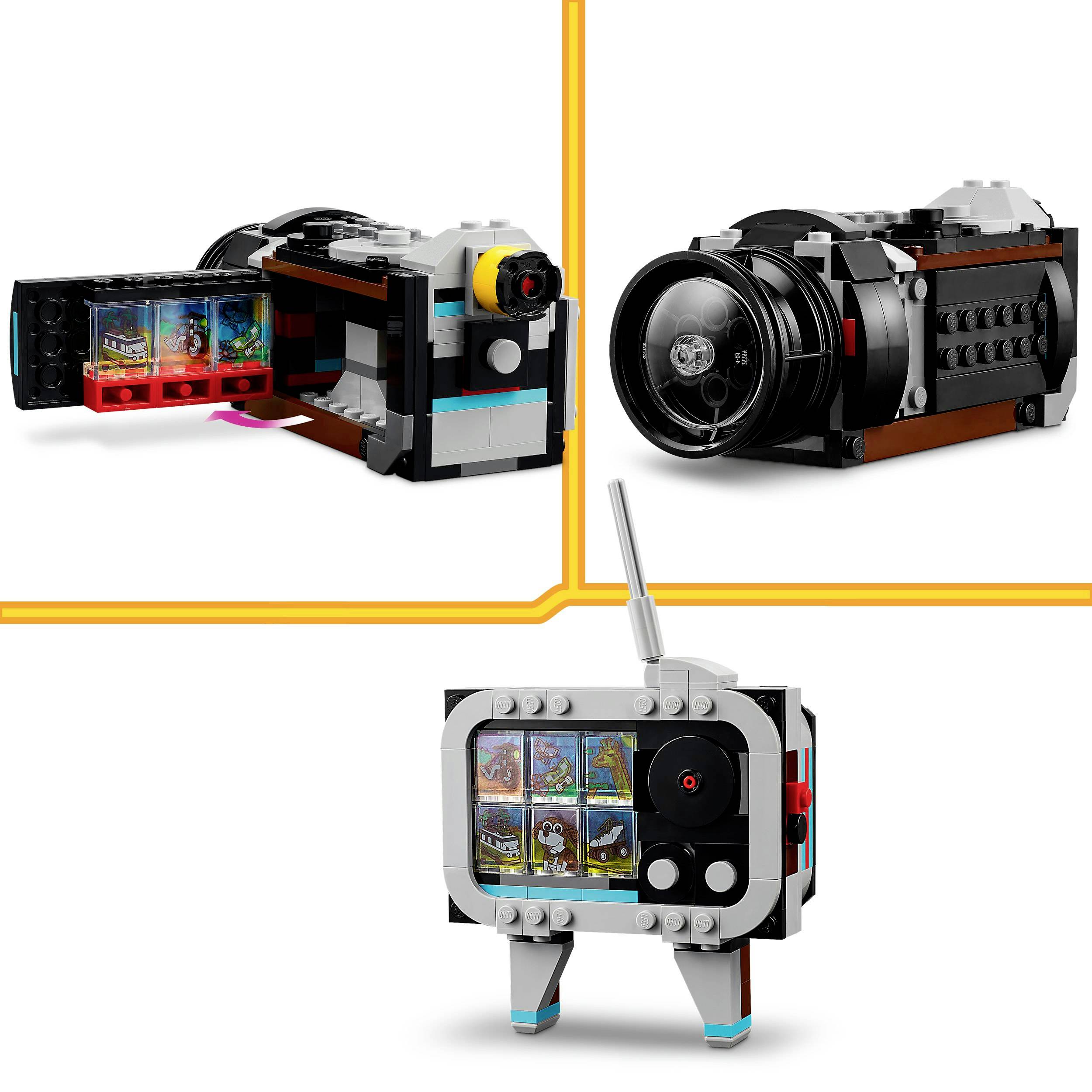 Lego-bouwset: Creatieve camera, walkman en televisie, geïnspireerd op retrotechnologie, met gedetailleerde stickers en elementen.