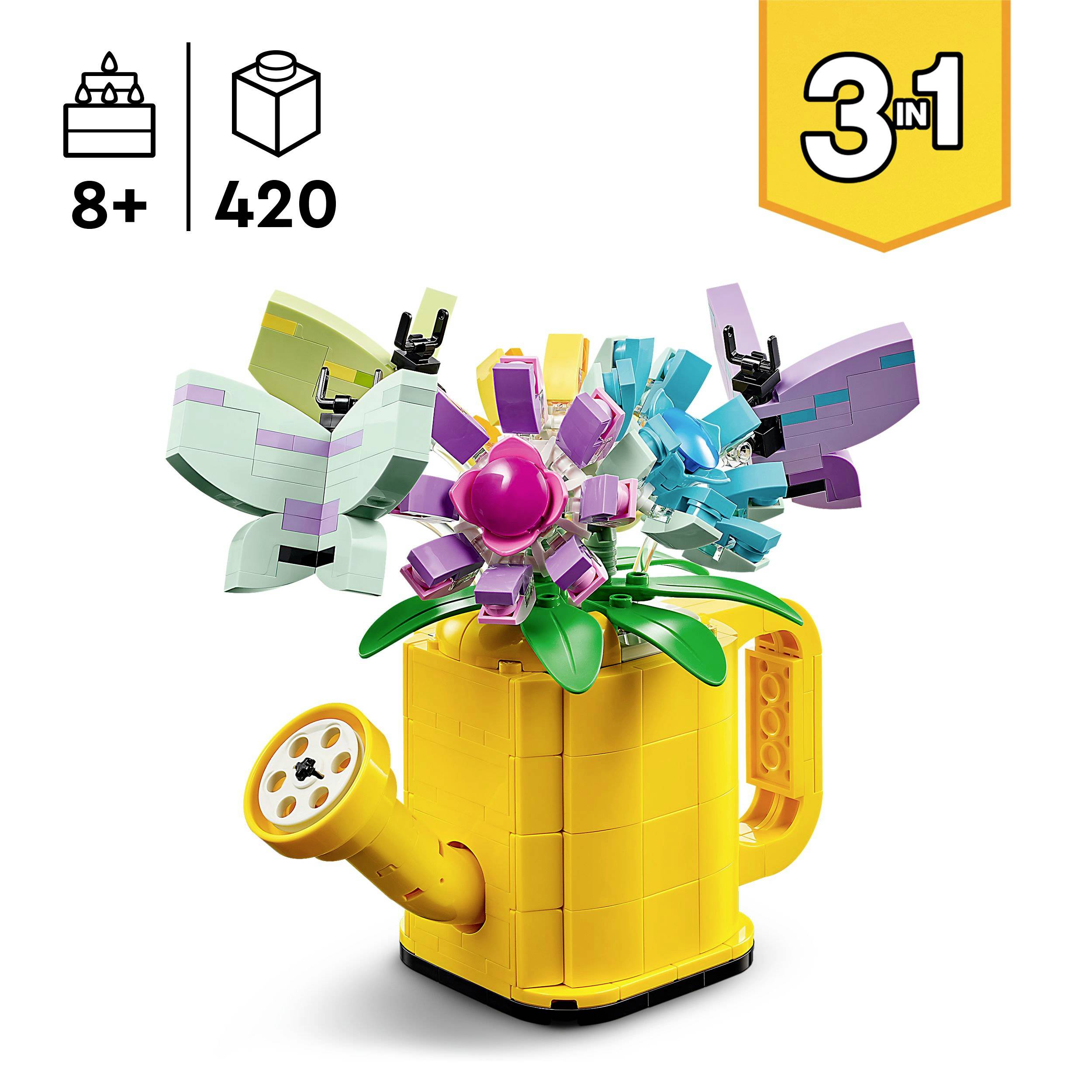 LEGO-bouwset voor kinderen vanaf 8 jaar: Kleurrijk boeket in gele gieter. Bevat 420 onderdelen. 3-in-1 model optie.