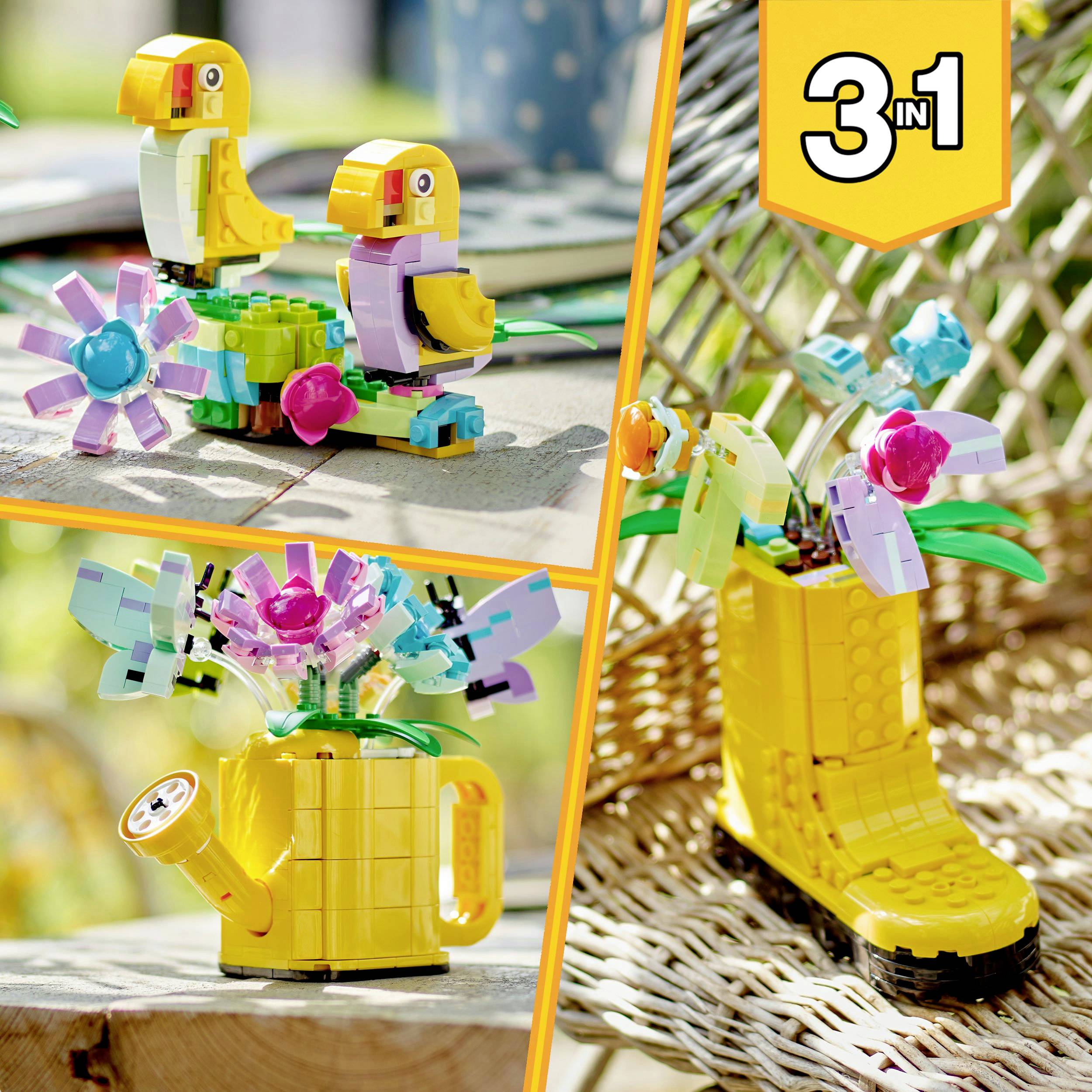 Drie LEGO-creaties: Twee kleurrijke vogels, een kleurrijk boeket in een gele gieter en een gele laars met bloemen. '3-in-1'-set.