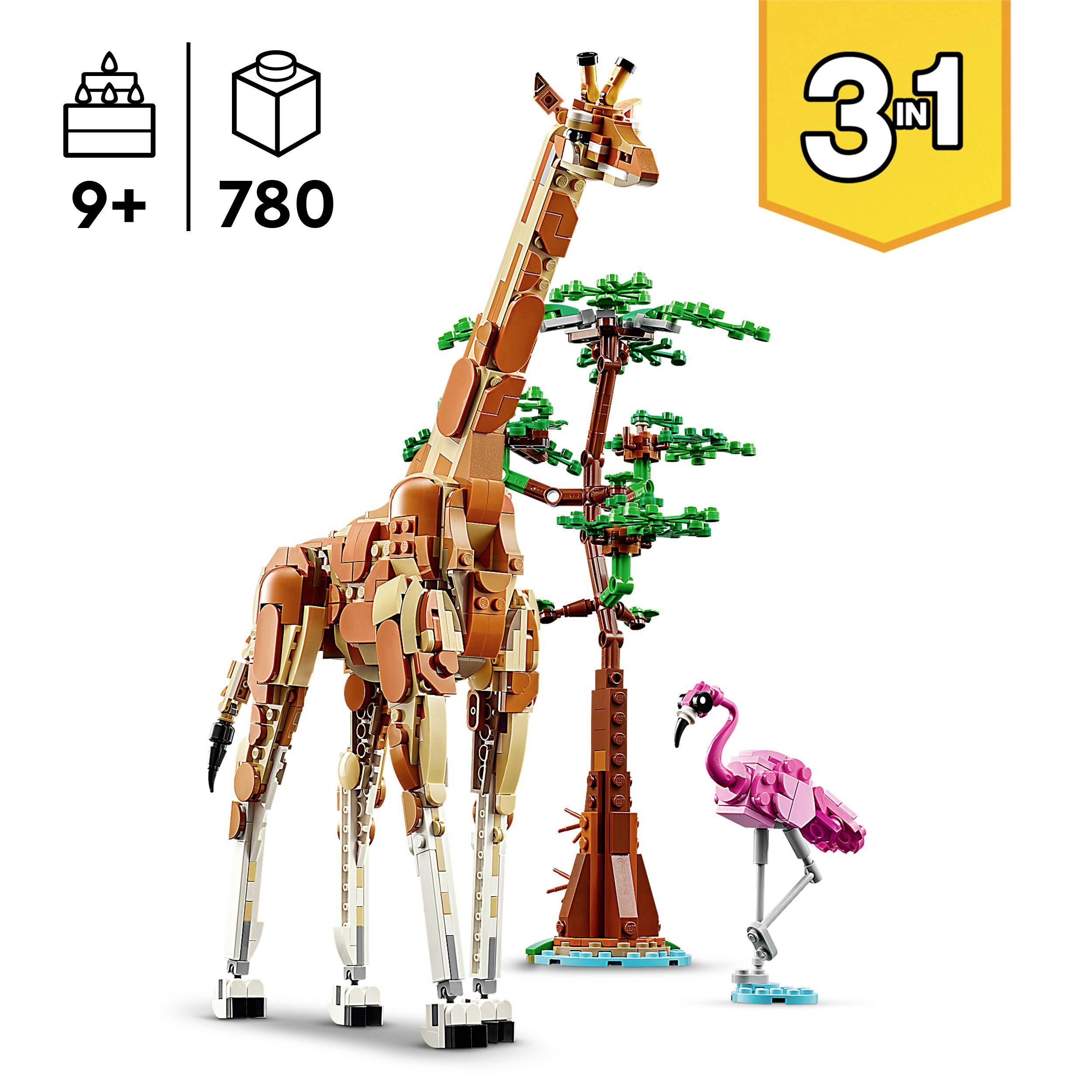 'Lego-set voor kinderen vanaf 9 jaar, bestaande uit 780 onderdelen. Bevat giraf- en flamingo-modellen, 3-in-1 bouwpakket met boom.'