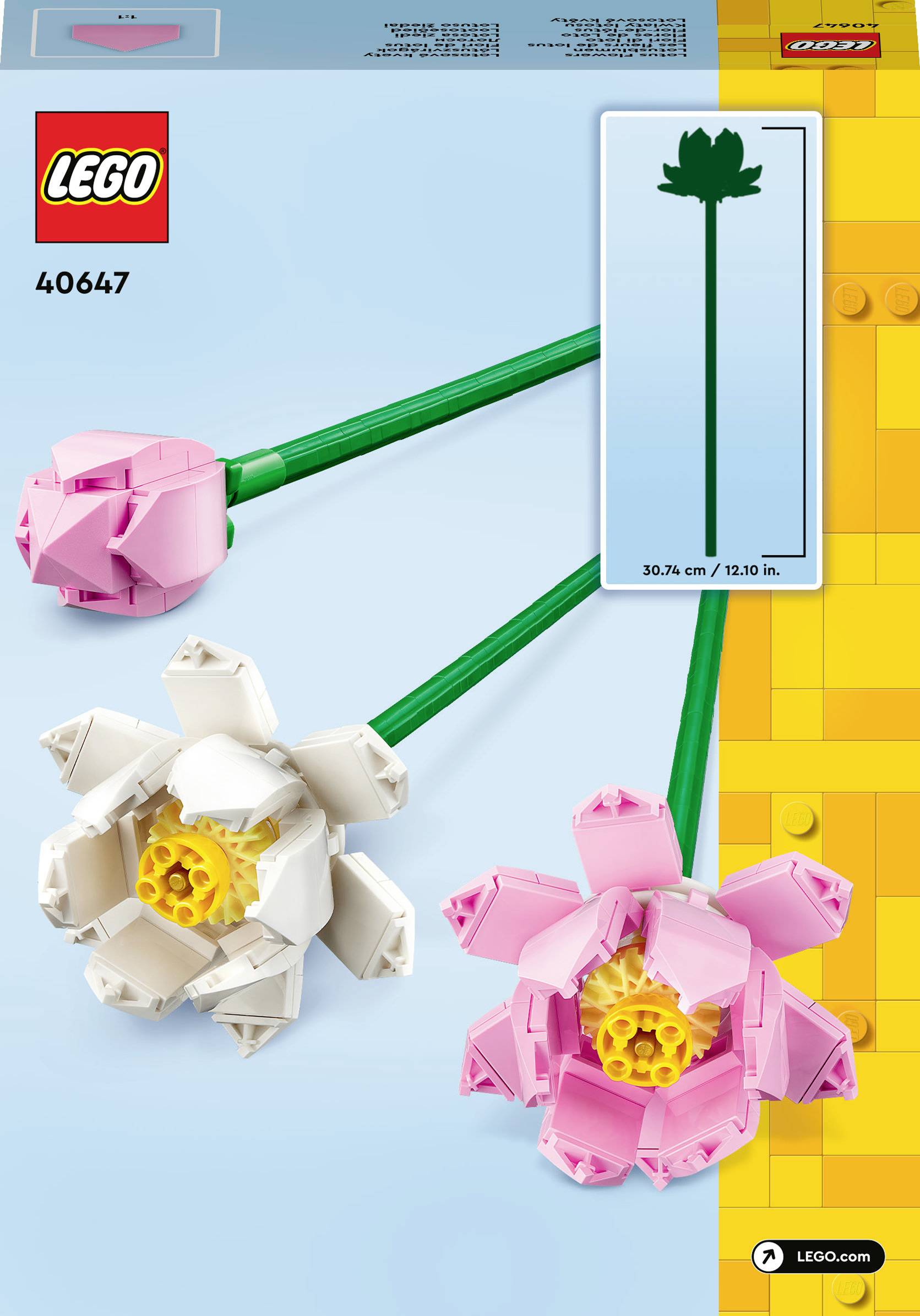 Drie LEGO-bloemenmodellen: een witte, een roze en een roze bloem, elk met een groene steel. Setnummer 40647.