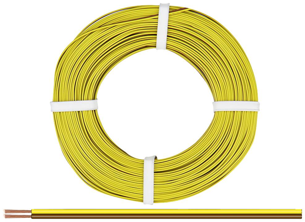 Een geel kabel opgerold tot een spoel, met koperkleurige draad zichtbaar aan een uiteinde. Geschikt voor elektrische installaties.
