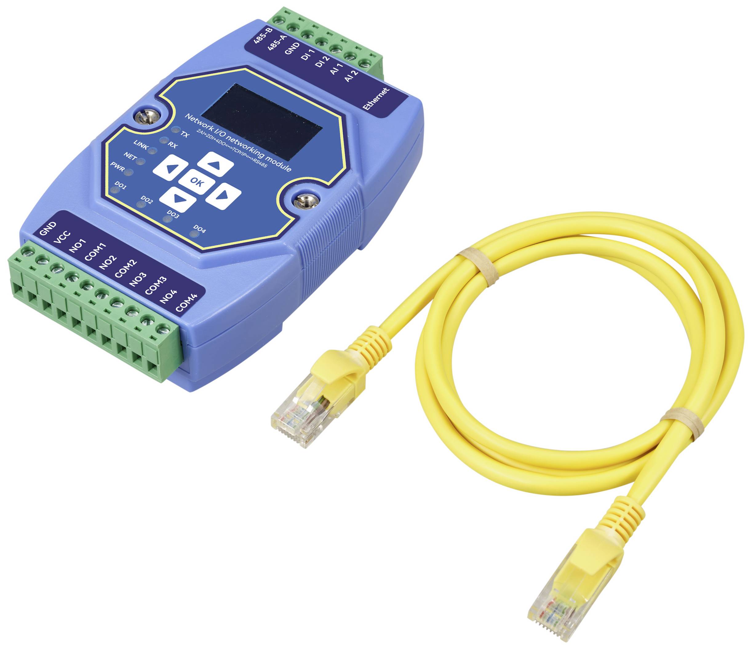 'Elektronisch apparaat voor gegevensverwerking met digitaal display en bedieningsknoppen, naast een geel Ethernet-kabel met aansluitingen.'