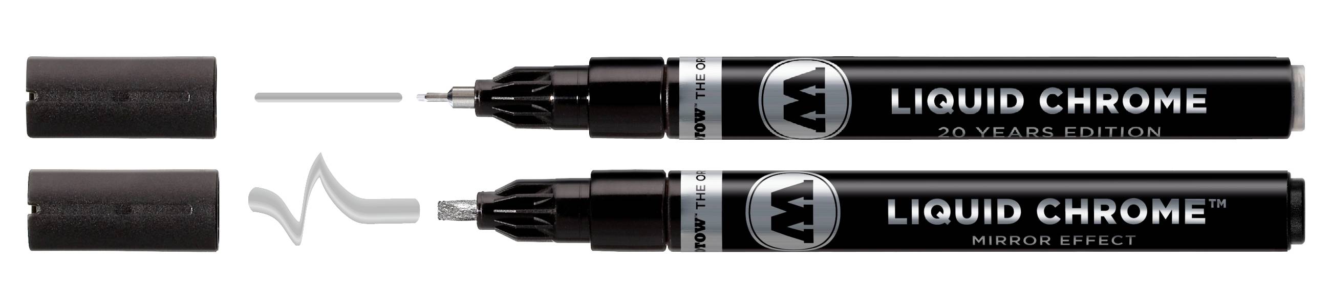 Twee zwarte pennen met verwijderde doppen tonen punten en het opschrift 'LIQUID CHROME'. Eén ervan is de '20 YEARS EDITION'.