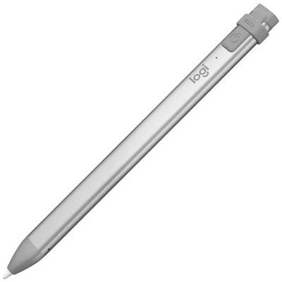Een zilveren digitale pen met grijze knoppen op de schacht, geschikt voor tablets en touchscreens.