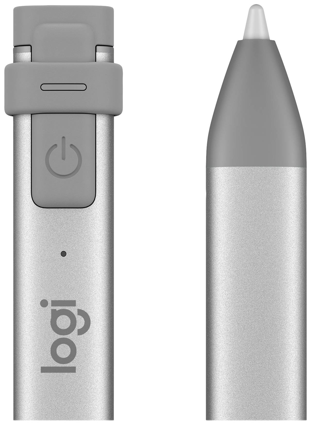 Twee grijze digitale pennen met 'logi'-logo. Links is de achterkant met aan/uit-knop zichtbaar en rechts de punt van de pen.