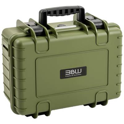 Groene, robuuste beschermingskoffer met zwarte handgreep en 'B&W' embleem. Geschikt voor het veilig vervoeren van kwetsbare voorwerpen.