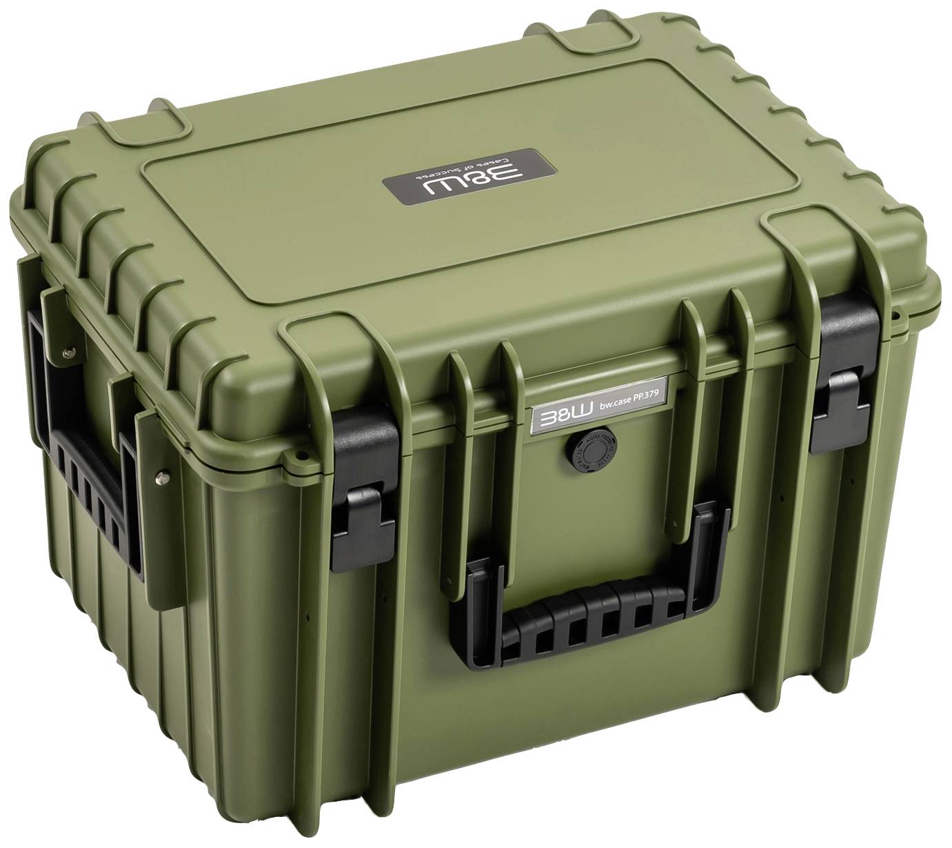 Een robuuste, olijfgroene transportbox met vergrendelingsmechanismen en handgreep. Ideaal voor het veilig vervoeren van gevoelige apparatuur.