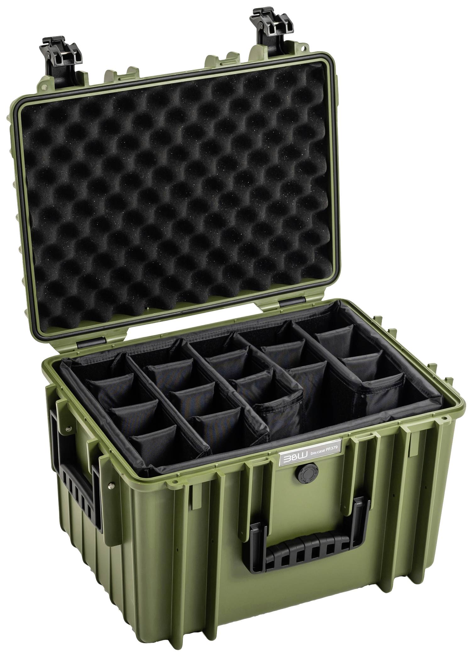 Geopende groene hardschalige koffer met gewatteerde vakken voor het veilig vervoeren van gevoelige apparatuur.