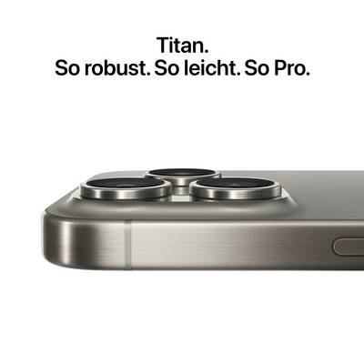 Een smartphone van titanium met drie cameraloze, gepromoot met de woorden 'Titanium. Zo robuust. Zo licht. Zo Pro.' op een witte achtergrond.