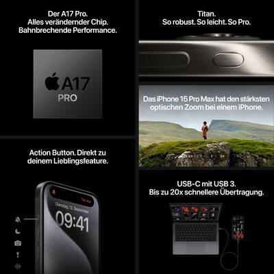De afbeelding toont de Apple iPhone 15 Pro Max met A17 Pro-chip, optische zoom, robuuste titanium constructie en USB-C-aansluiting voor snellere gegevensoverdracht.
