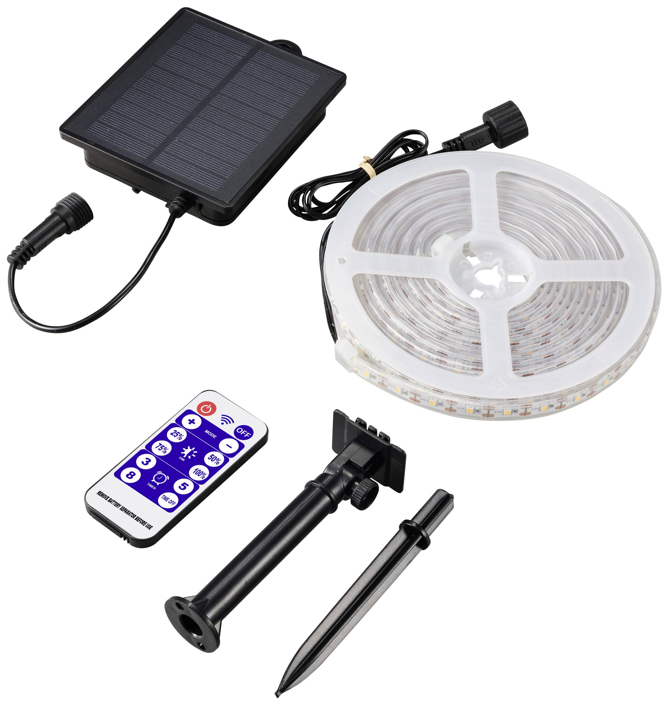 Zonne-energie LED-lichtsnoer met zonnepaneel, afstandsbediening en montagetoebehoren. Perfect voor tuin- of buitenverlichting.