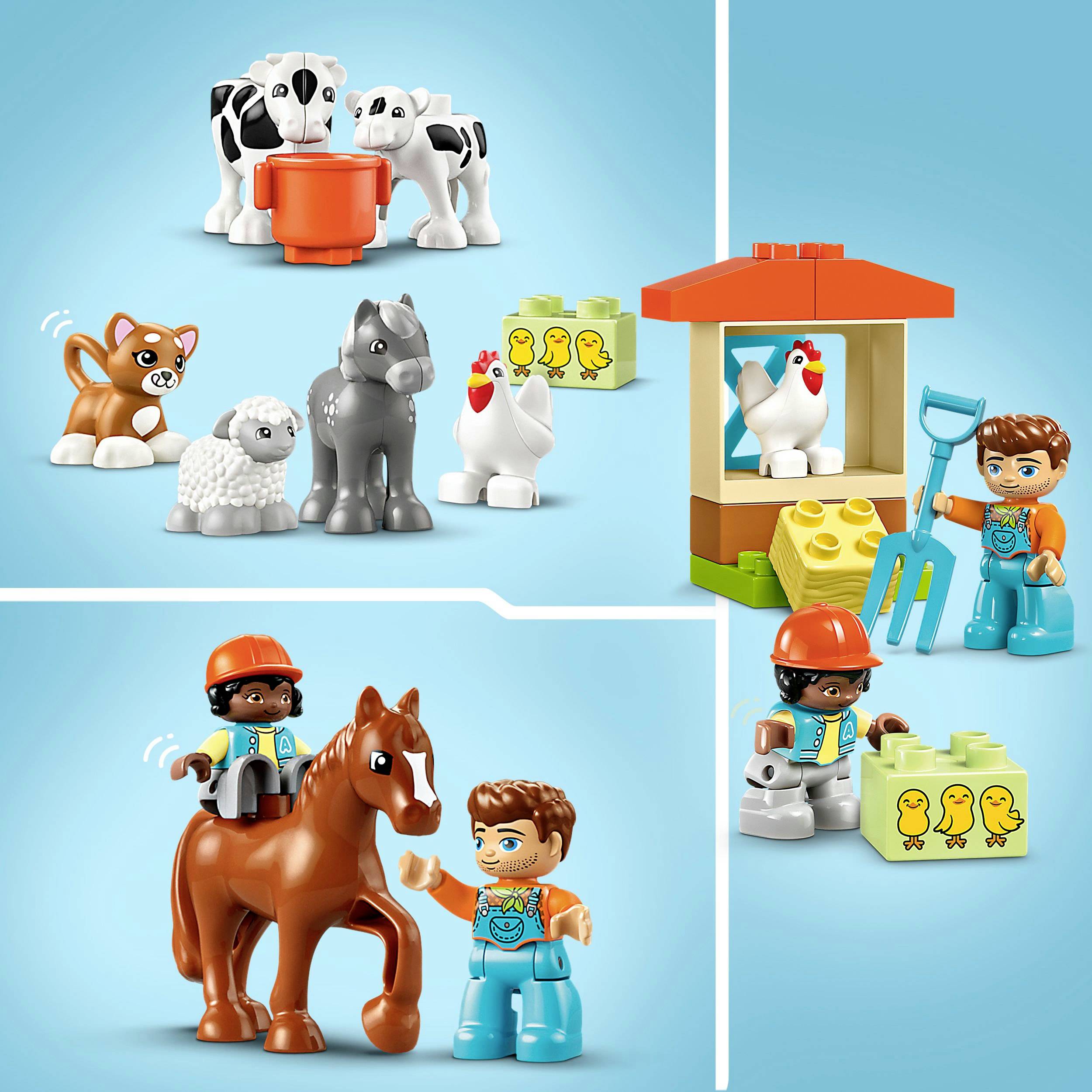 Een LEGO-set met dieren en figuren van de boerderij. Bevat een hond, kat, schaap, haan, kippen, paard en twee menselijke figuren.