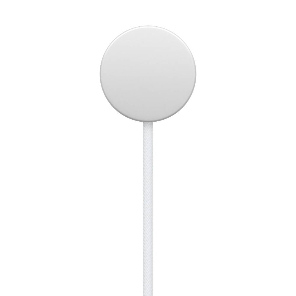 Een rond, wit MagSafe-oplaadapparaat met kabel.