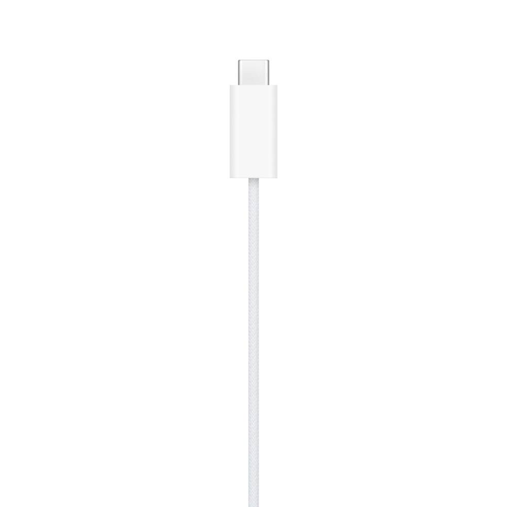 Een wit USB-C-kabel verticaal gepositioneerd op een witte achtergrond.