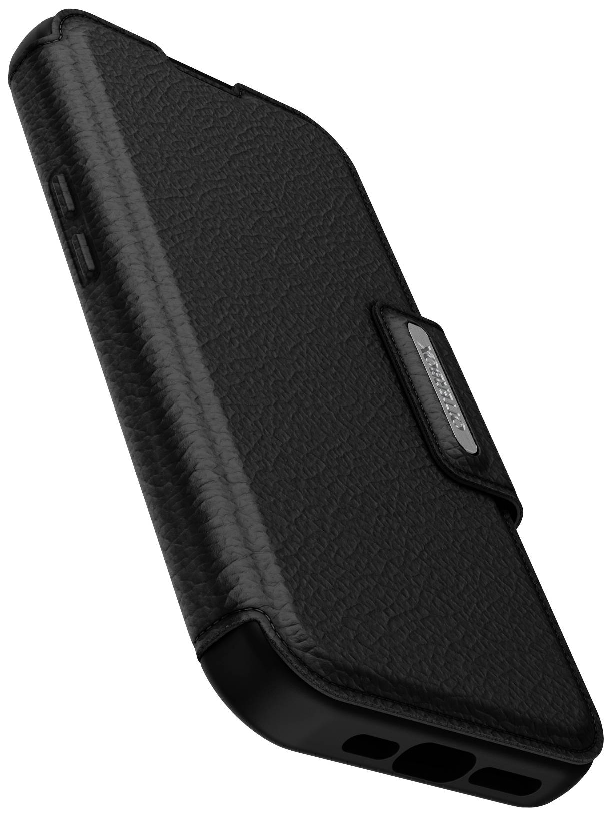 Zwarte telefoonhoes met gestructureerd oppervlak en magnetische sluiting, biedt bescherming en stijlvol design.