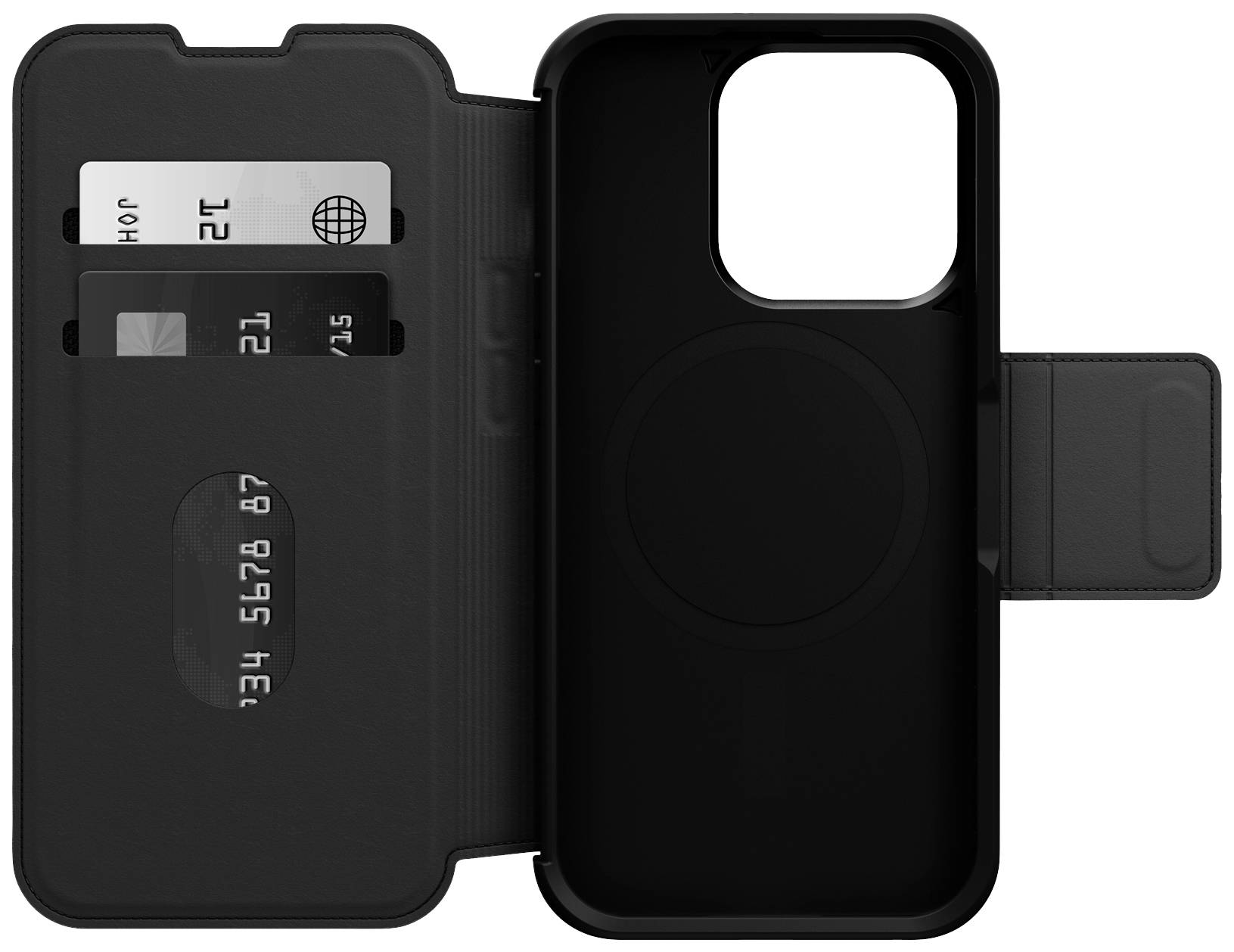 Zwarte telefoonhoes met kaartvakken aan de binnenkant, geschikt voor een smartphone. Twee creditcardvakken en een vak voor briefgeld zichtbaar.