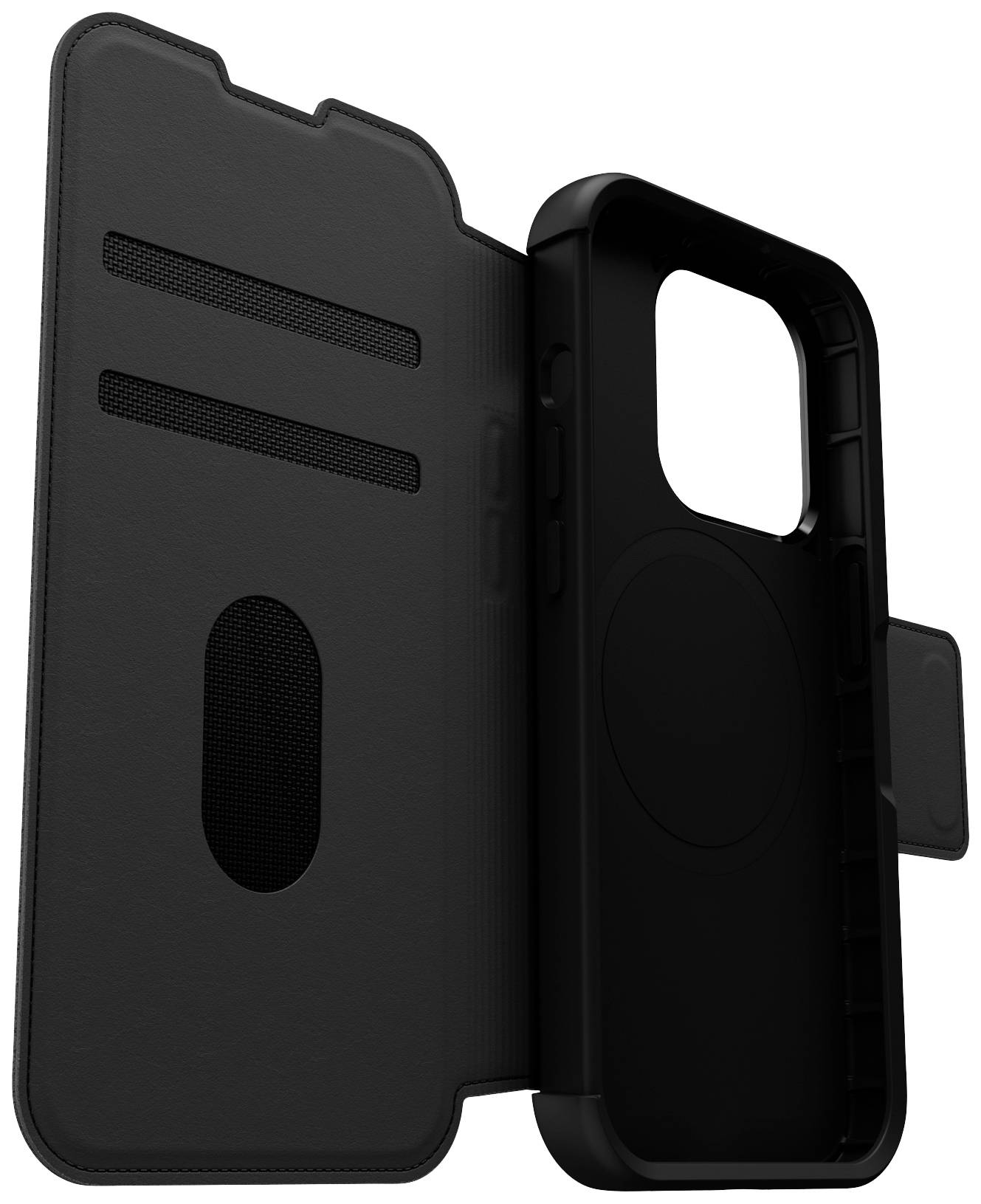 Open zwarte smartphone-hoes met kaartsleuven aan de linkerkant en magnetische sluiting.