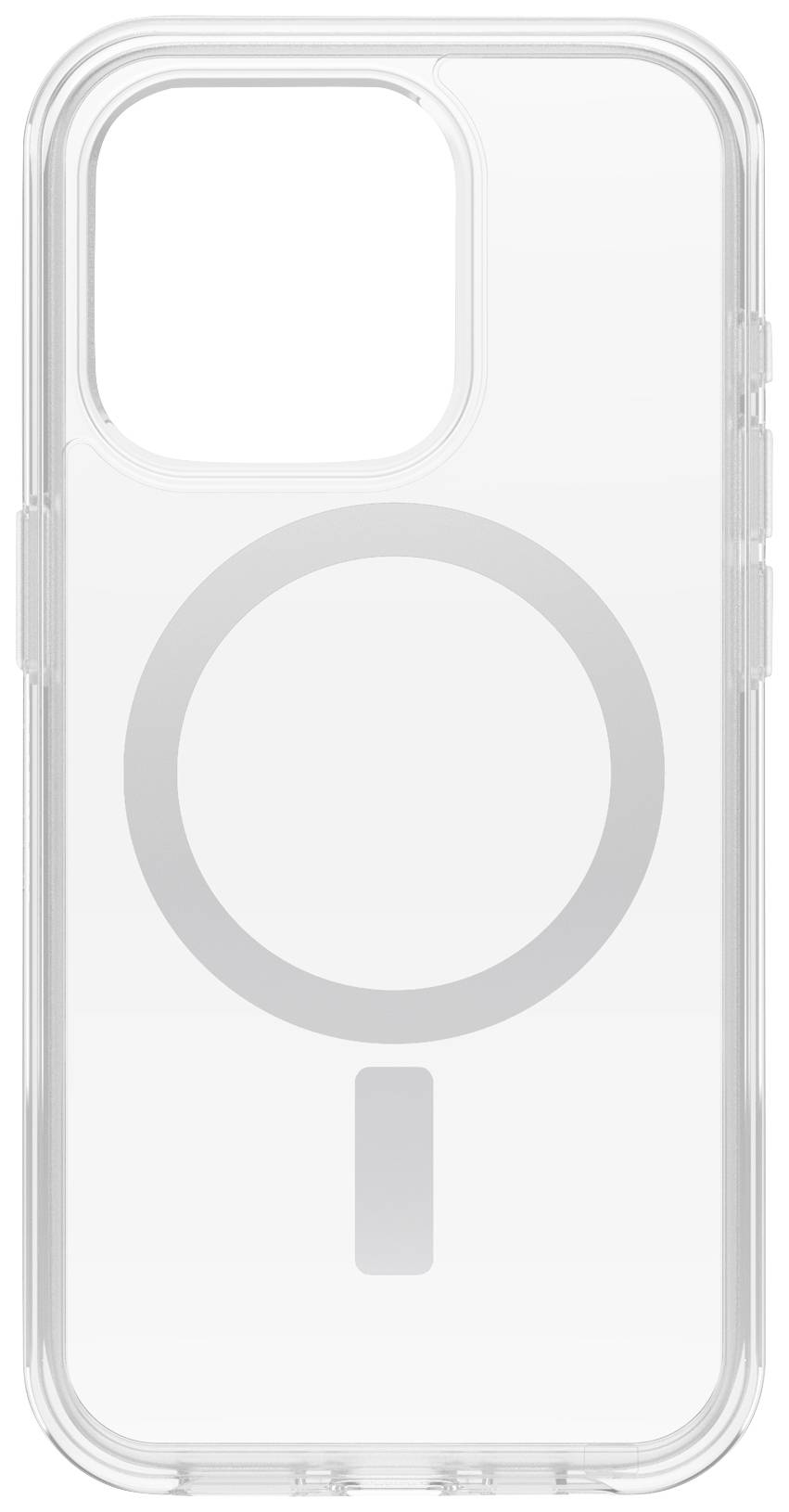 Doorzichtige telefoonhoes met een cirkelvormig motief en een korte verticale streep eronder, geschikt voor een smartphone-model.