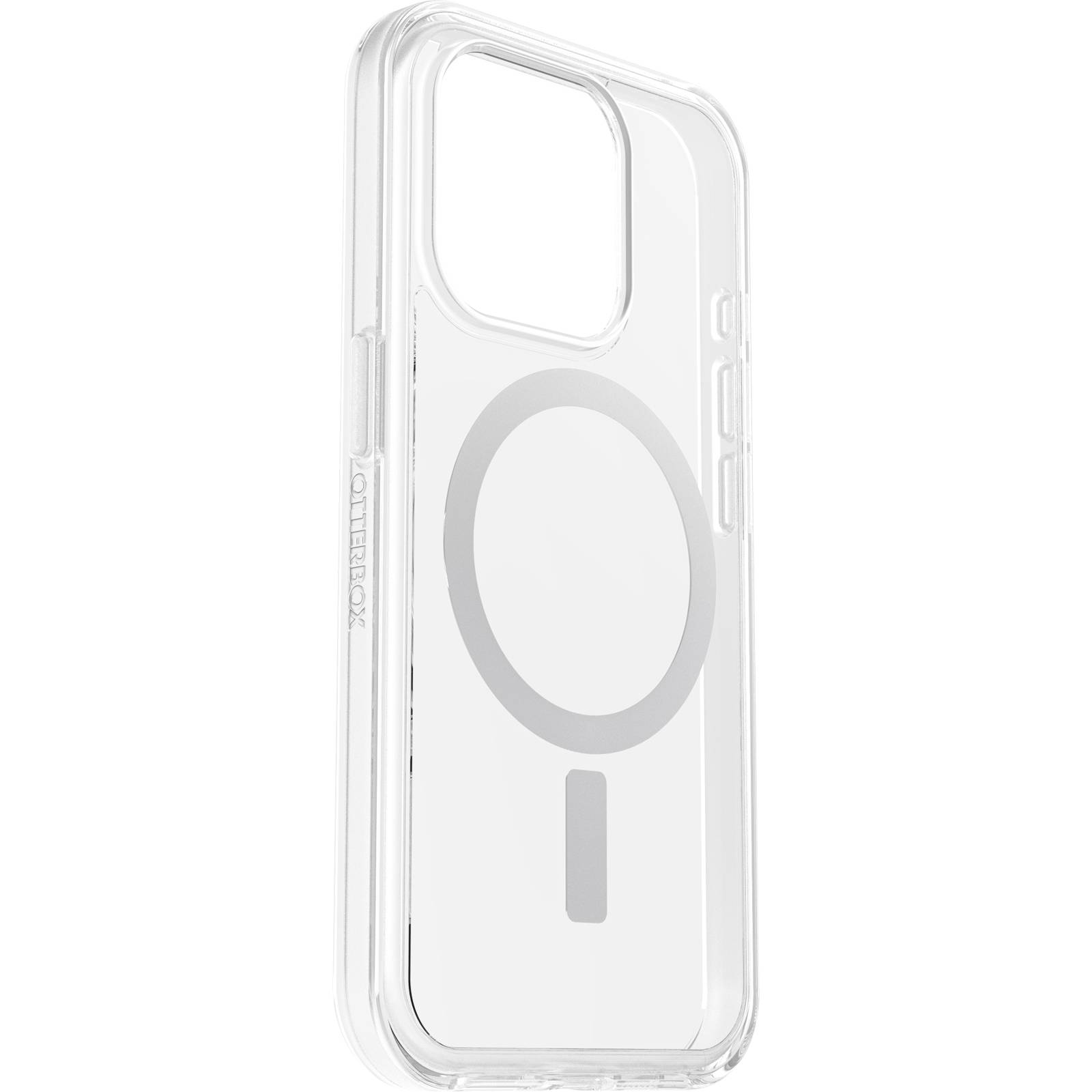 Transparante telefoonhoes met rond MagSafe-symbool, geschikt voor een smartphone.