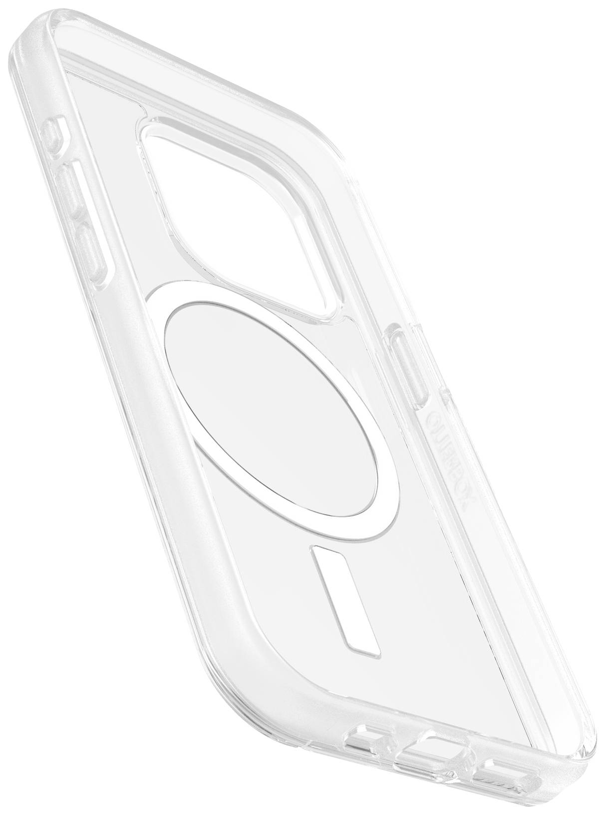 Transparante telefoonhoes met geïntegreerd magnetsysteem en uitsparing voor de camera.