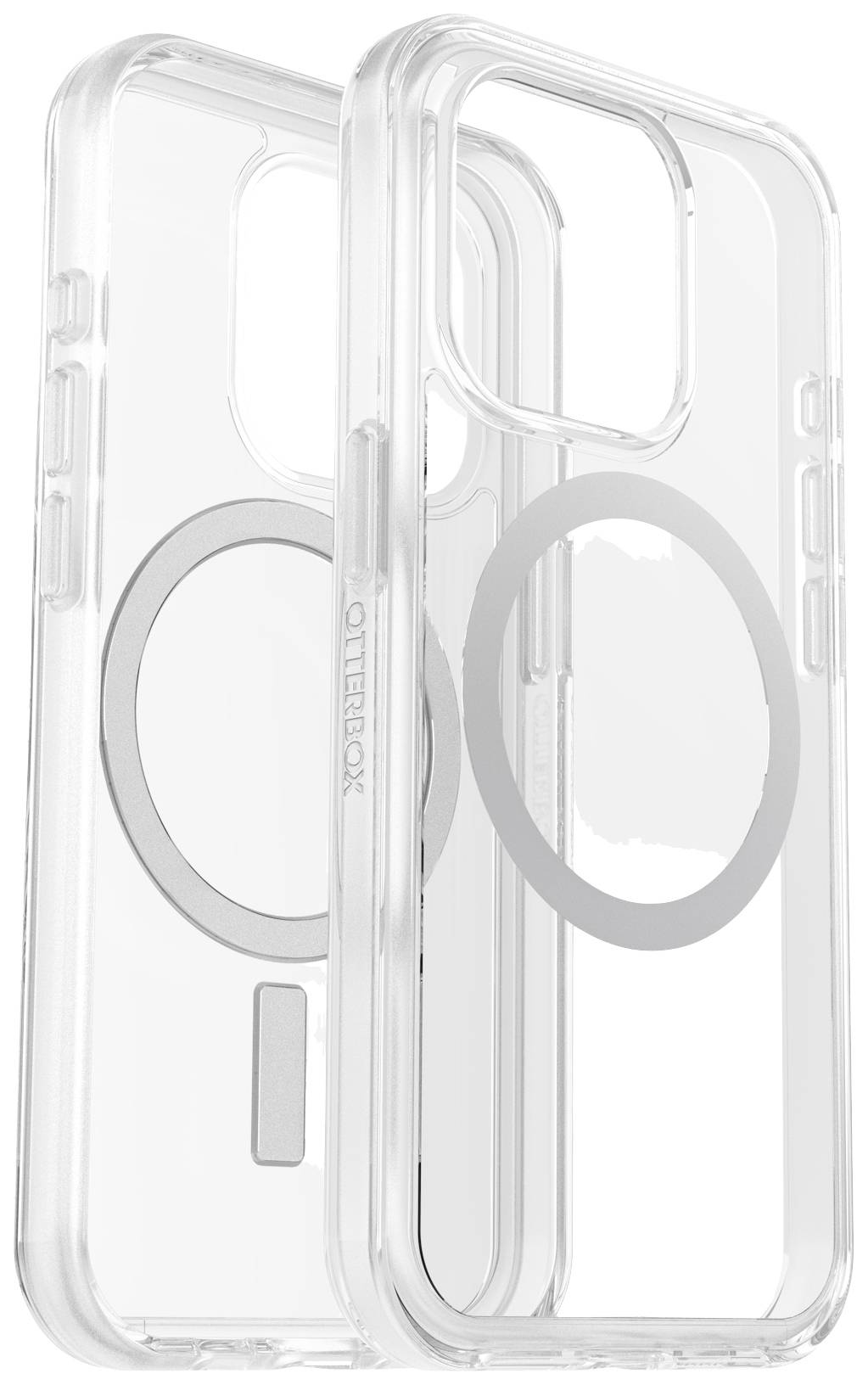 Een transparante smartphone-beschermhoes met een rond MagSafe-ontwerp voor draadloos opladen.