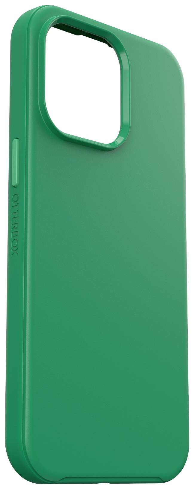 Groene telefoonhoes met een smal ontwerp, een zijknop en een grote uitsparing voor camera's.