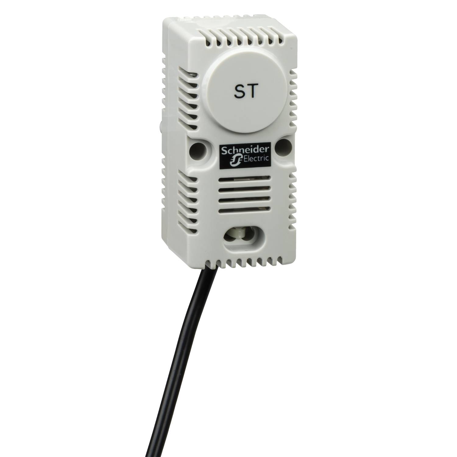 Witte temperatuur- en vochtigheidssensor van het merk Schneider Electric met een zwart kabel.