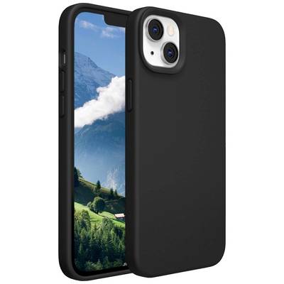 Een smartphone met een zwarte beschermhoes toont een berglandschapsachtergrond op het scherm.
