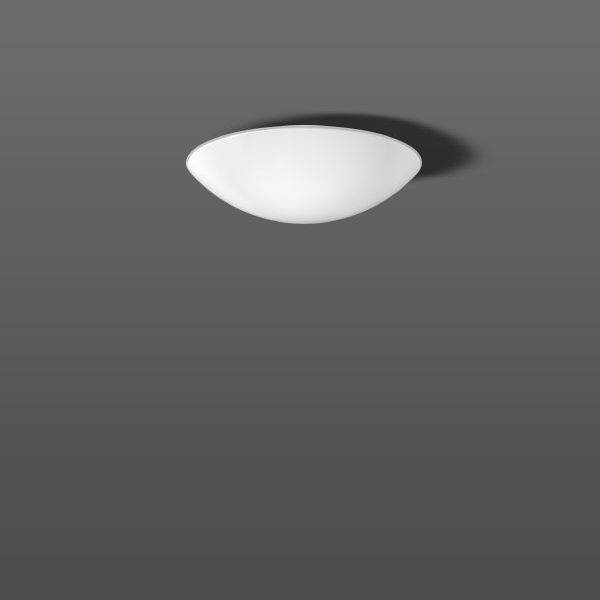 Een eenvoudige, witte plafondlamp in de vorm van een schaal, gemonteerd aan een grijze plafond.