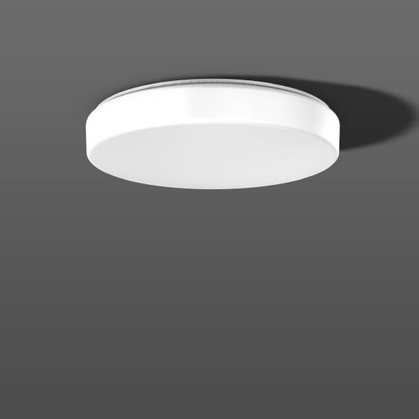 Een ronde, witte plafondlamp op een grijze achtergrond. Hij werpt een zachte schaduw aan de rechterkant.