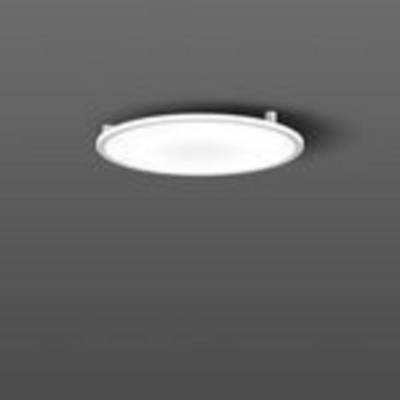 Een ronde plafondlamp met een eenvoudig, wit design tegen een grijze achtergrond.