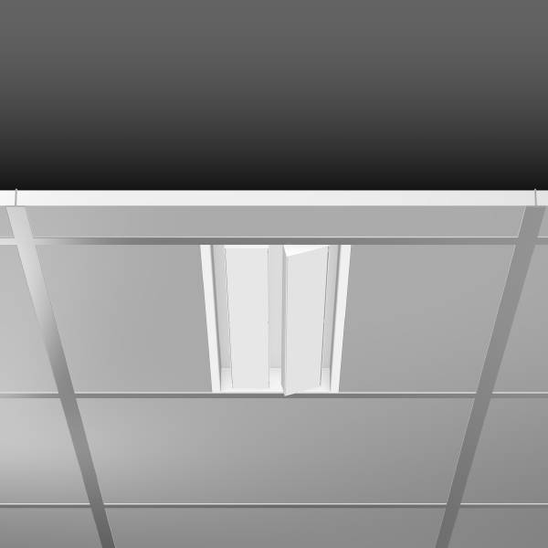Plafondaanzicht met een rechthoekig, modern LED-lichtpaneel in een rasterplafond. Strakke lijnen en subtiel design.