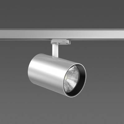 Een zilveren plafondspot in modern design, gemonteerd op een rail voor een grijze achtergrond. Draait licht in verschillende richtingen.
