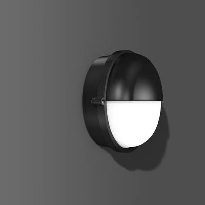 Een ronde, zwarte wandlamp met halve koepel, die warm, diffuus licht uitstraalt. Gemonteerd op een grijze muur.