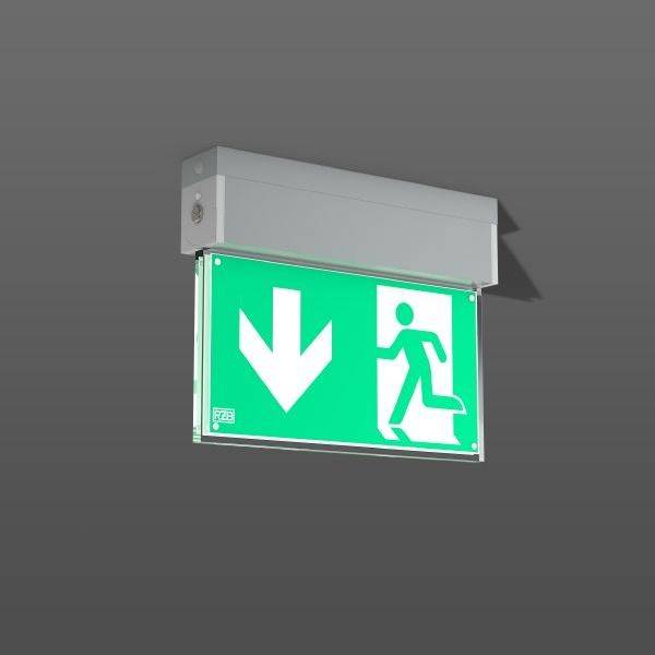 Nooduitgangsbord met een groene achtergrond; toont een pijl naar beneden en een figuur die door een deur rent, op een grijze muur.