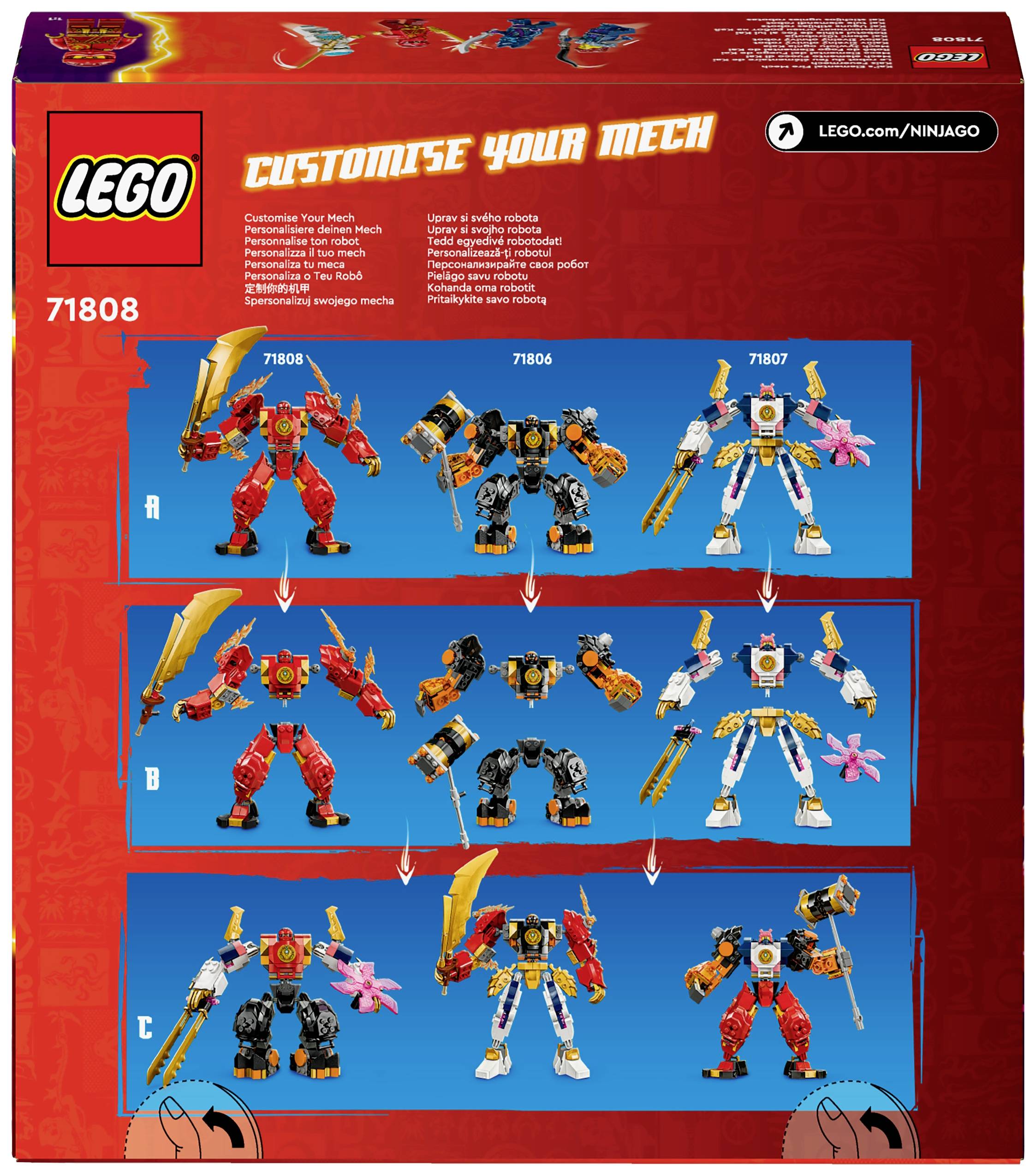 'LEGO Ninjago Set 71808' toont drie aanpasbare robots. Bevat rode, gele en witte robotfiguren met verschillende wapens en accessoires.