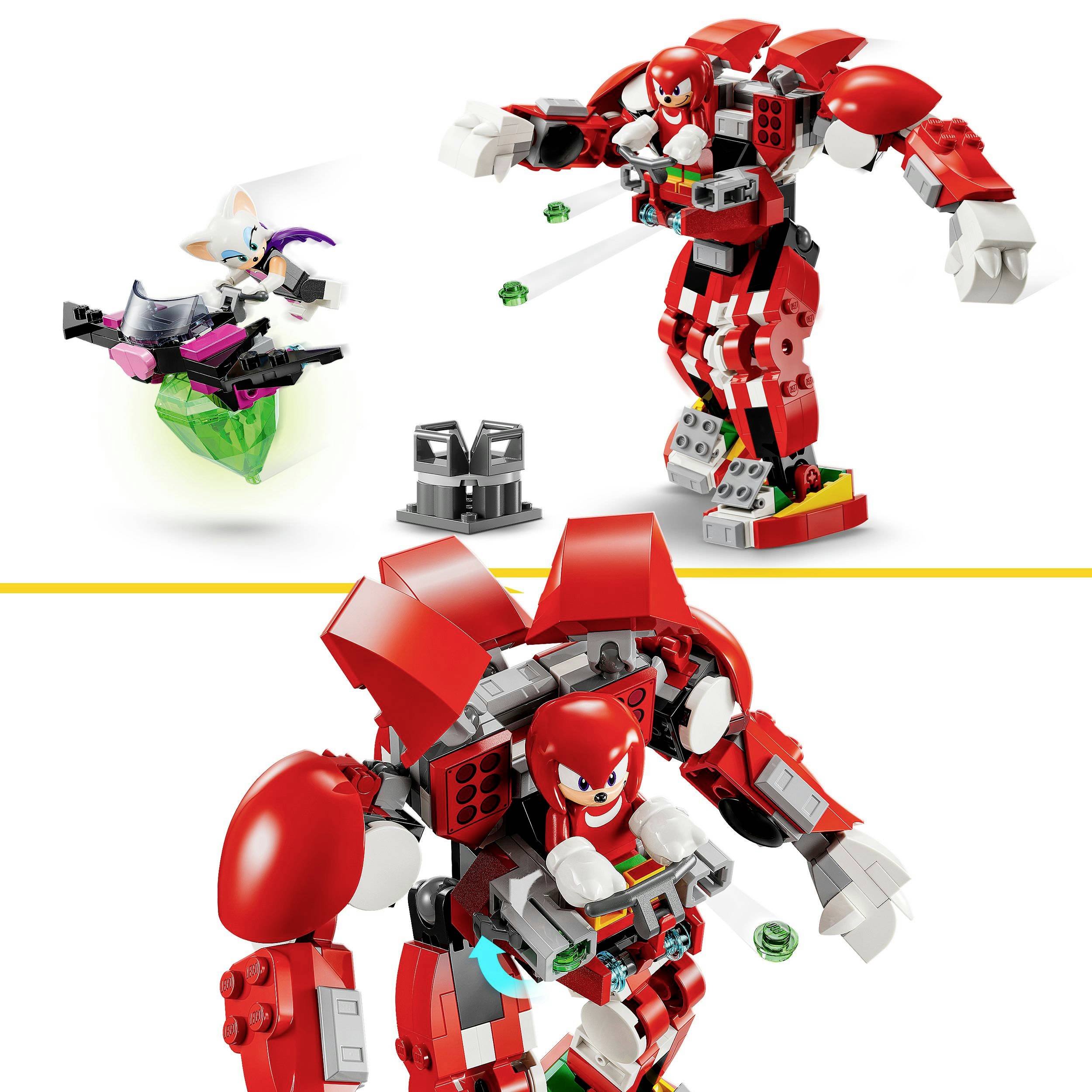 Twee kleurrijke, speelbare personages: een rode, robotachtige figuur en een kleine witte bolvormige figuur met vleugels, die staat op een groen platform.