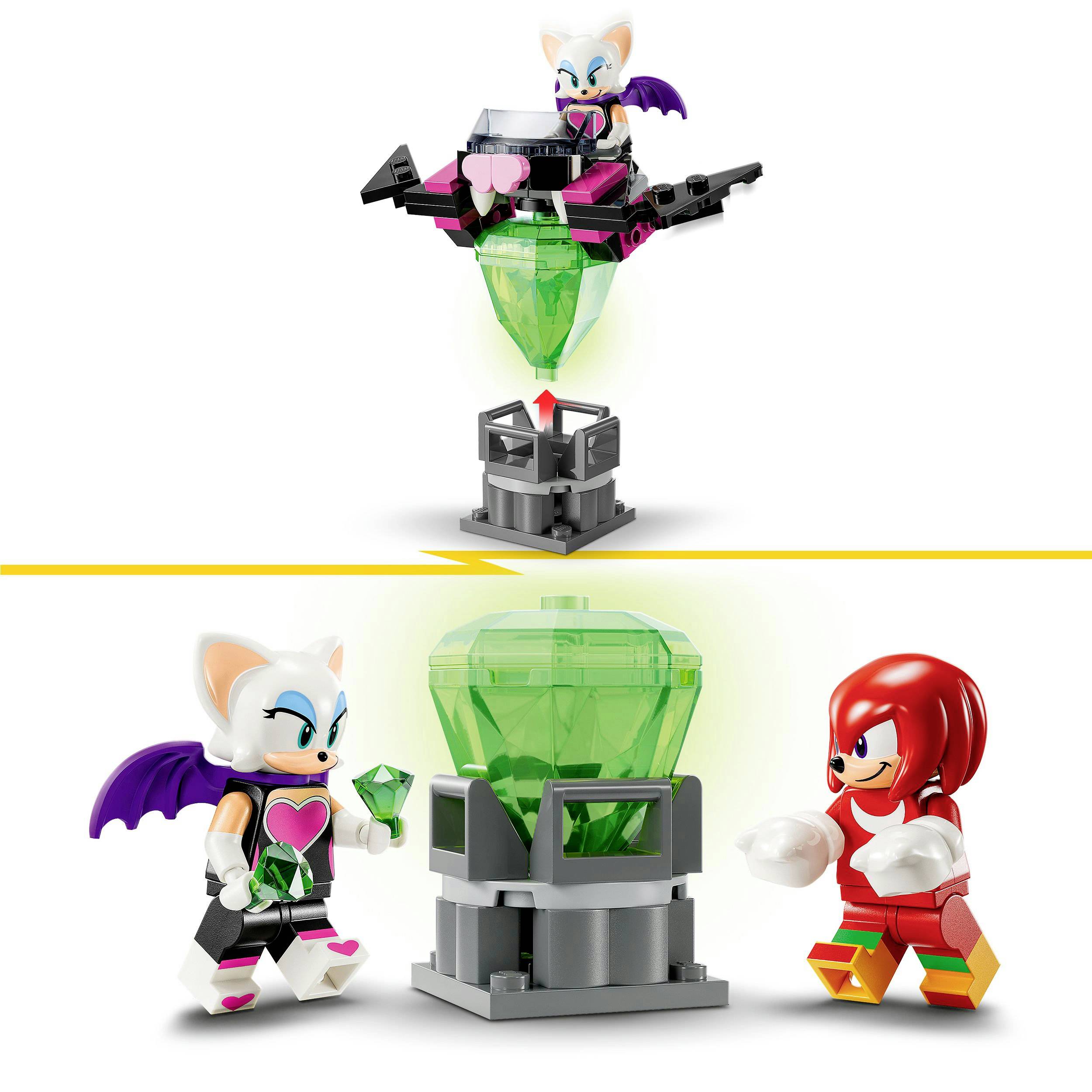 Twee kleurrijke minifiguren spelen rond een grote smaragdgroene kristal met zwarte en paarse details. Eén figuur houdt een kleinere kristal vast.