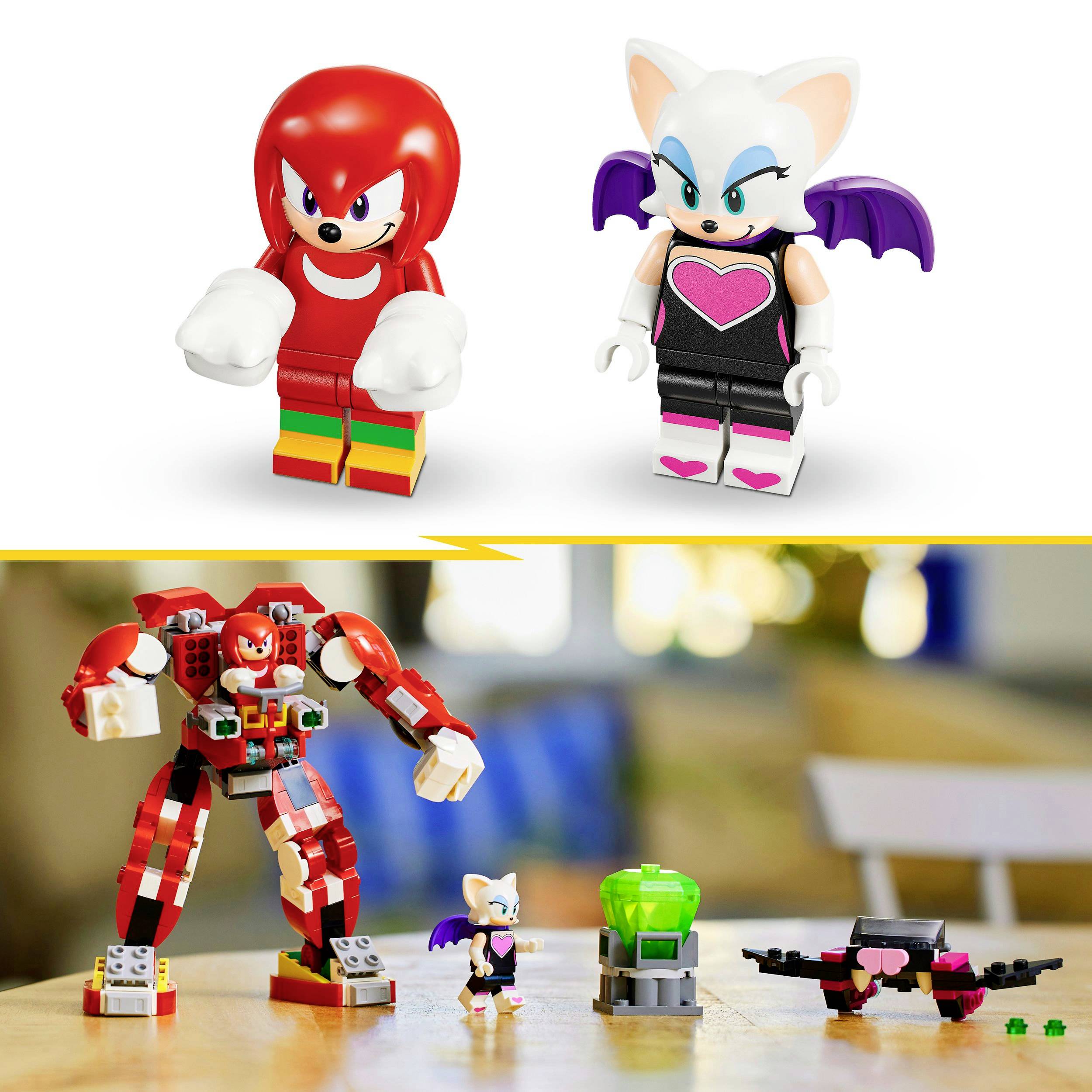 Twee Lego-figuren: een rood dier met stekels en een witte vleermuis met vleugels. Daaronder een grote rode robot naast kleinere Lego-modellen.