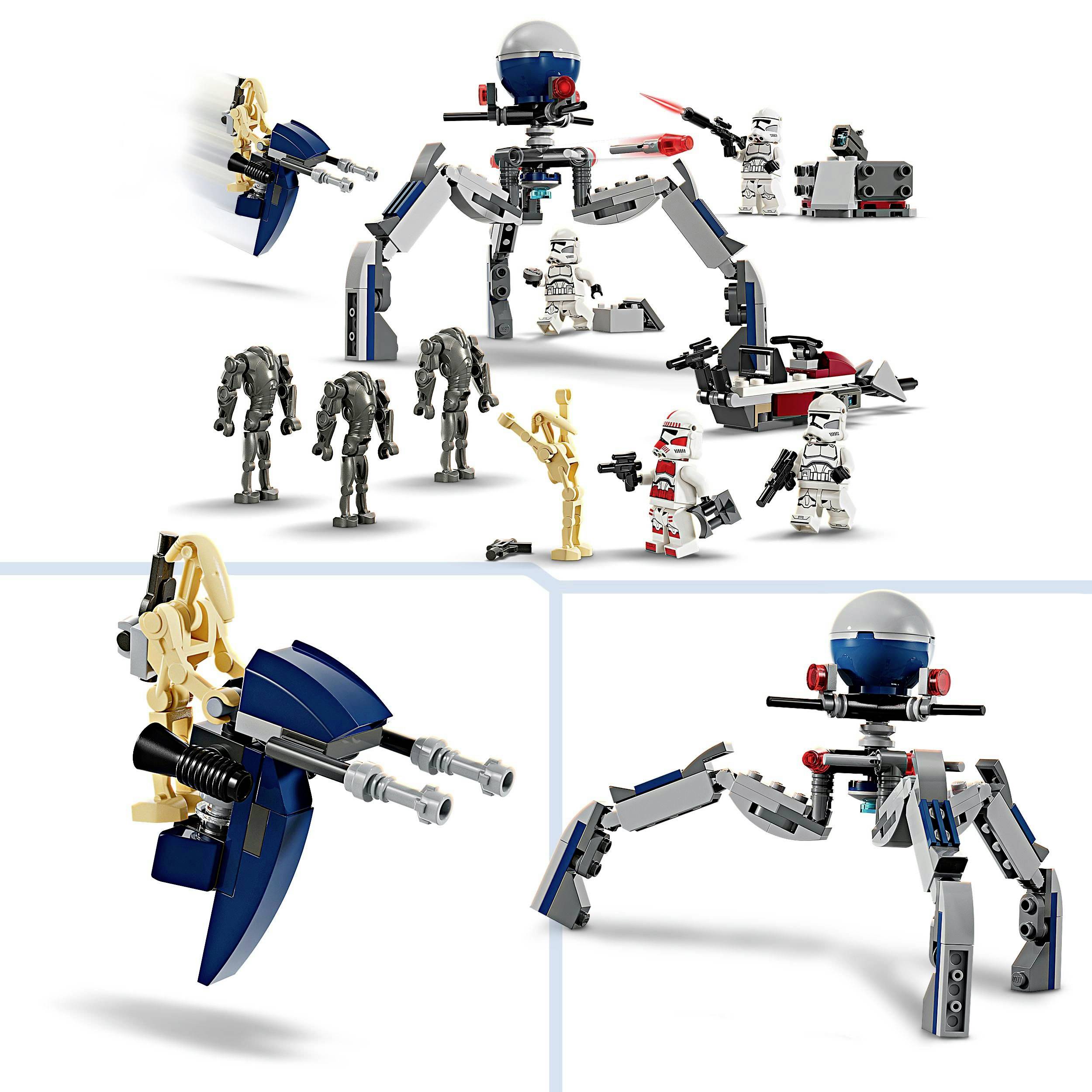 LEGO-bouwset met droïden en Stormtroopers. Toont een grote droïde met vier benen en roterende gewrichten, omringd door figuren.