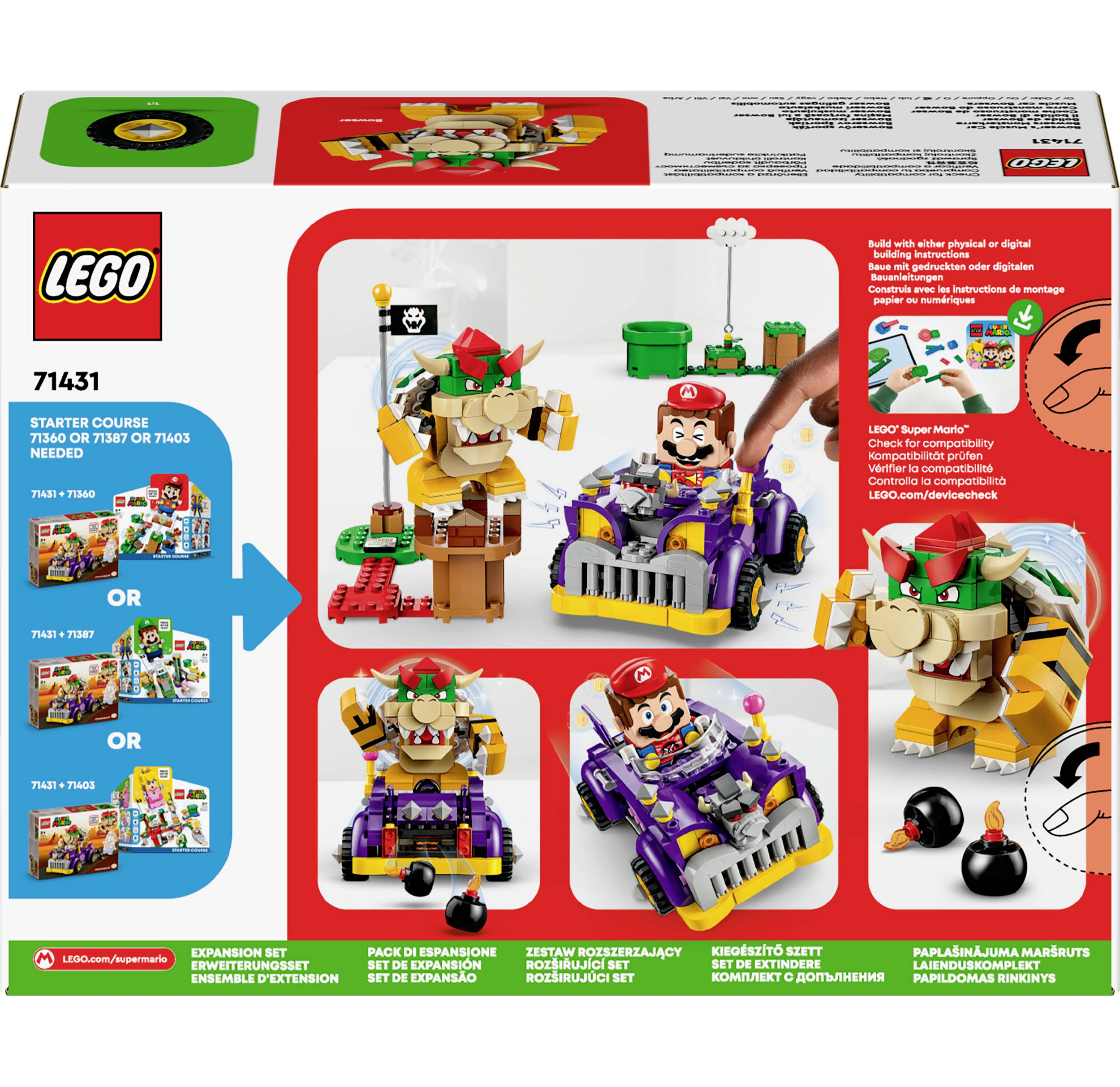 LEGO Super Mario Set 71431 met motorfietsen, Bowser-figuur en Mario-figuur. Uitbreidingspakketten geïntroduceerd. Bevat gedetailleerde speelscènes.