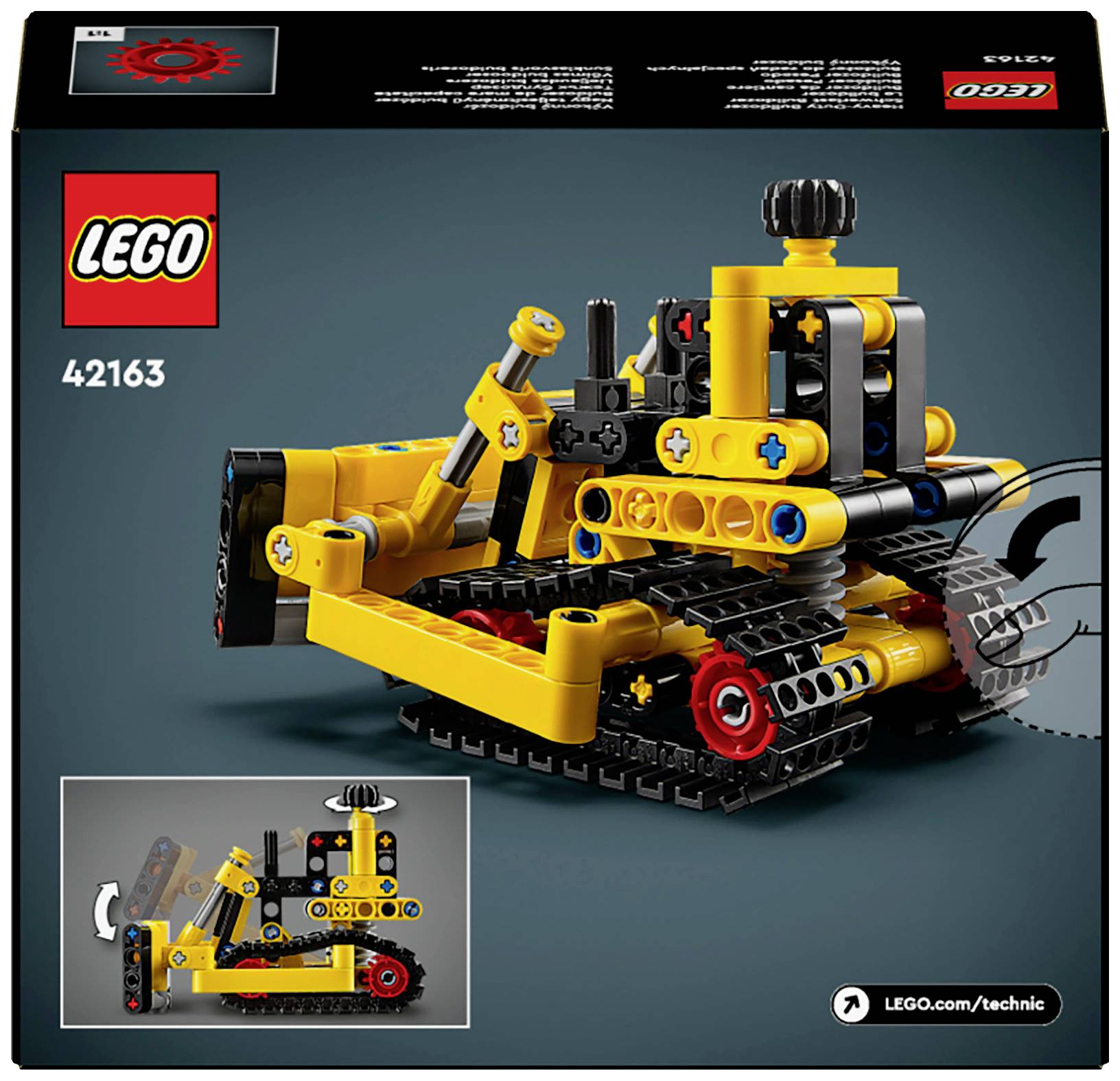 Bouwpakket voor LEGO Technic Mini-Bulldozer in Geel en Zwart, Setnummer 42163. Voorvertoning van het voltooide bulldozer-model linksonder.