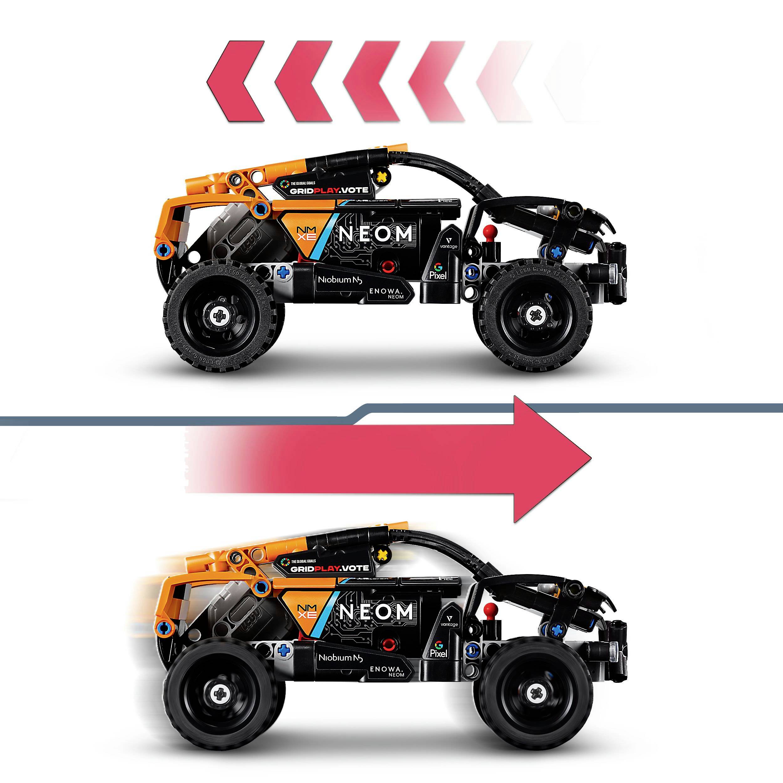 Twee afbeeldingen van een oranje speelgoedauto. In de bovenste afbeelding beweegt de auto naar links, in de onderste naar rechts. Pijlen symboliseren de richtingen.