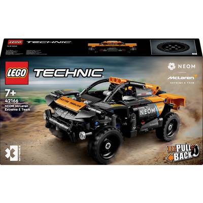 LEGO Technic Model 'NEOM McLaren Extreme E Team', een racewagen-set met pullback-functie, aanbevolen vanaf 7 jaar.