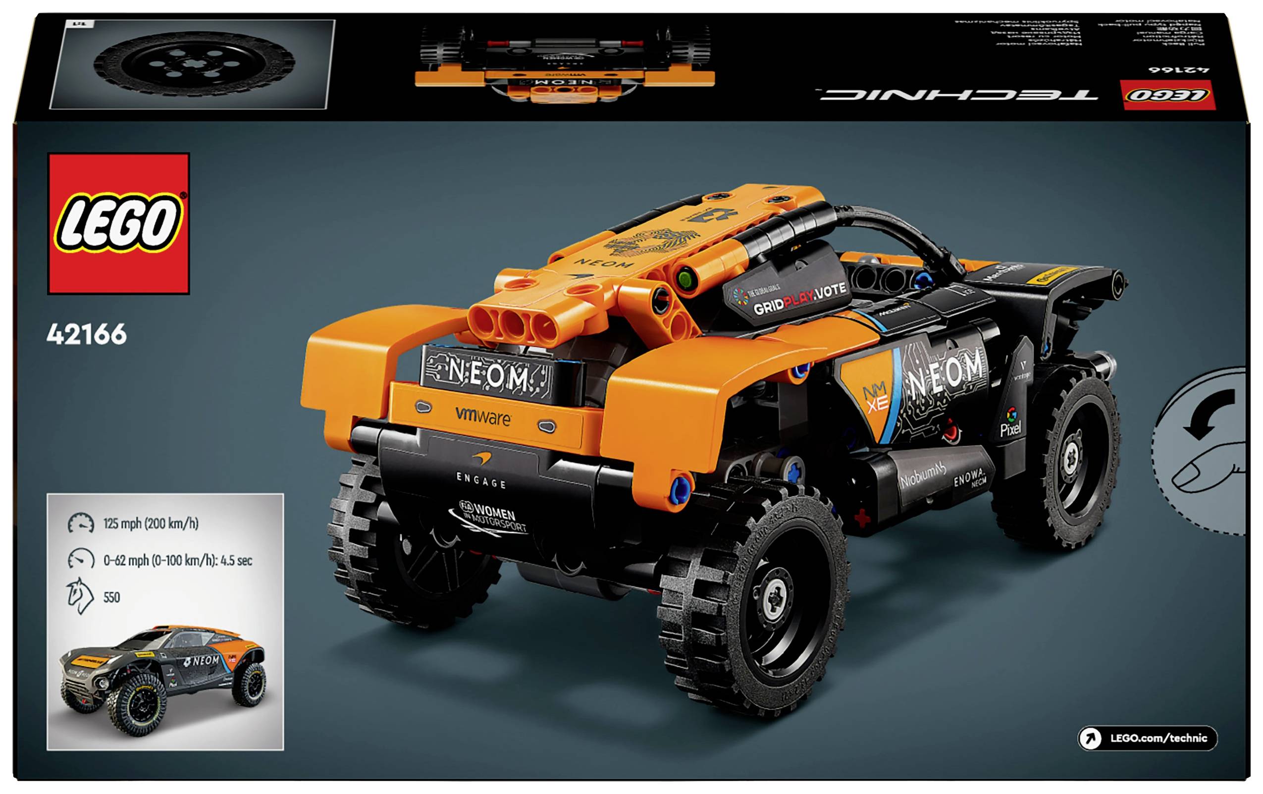 Lego Technic Speelgoedauto 42166: Een oranje-zwarte racewagen met 'NEOM', die de functies van een echte terreinwagen simuleert.